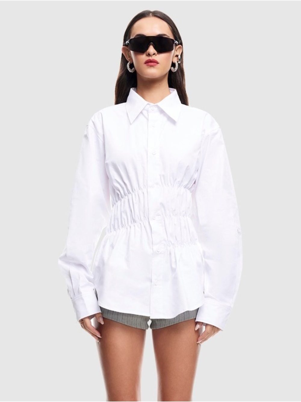 New Lioness Chloe medium White Ruched-Waist Button Down Shirt